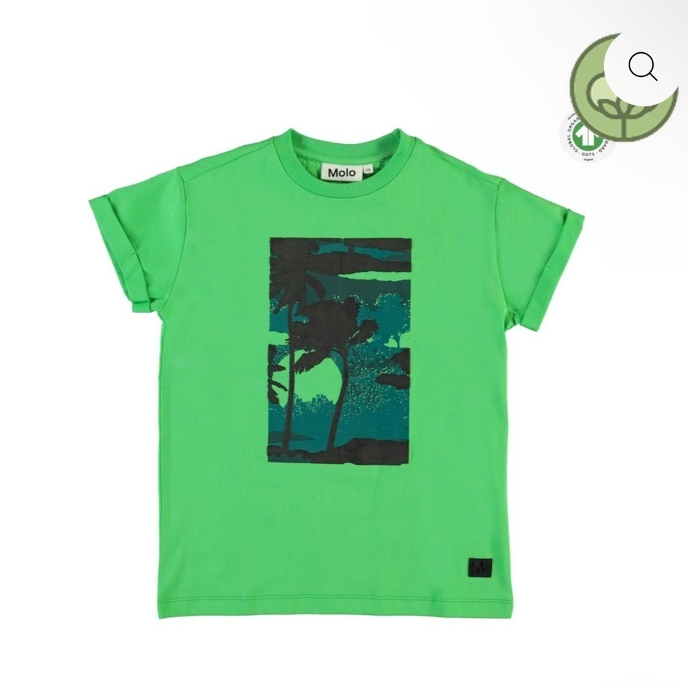 Molo Vibrant Green Short Sleeve Tee. Not coral referenced in composition photo